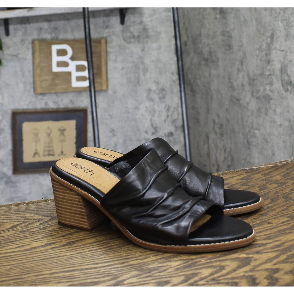 Earth Womens Etadara Stacked Heel Leather Sandals ETADARA Black 11M